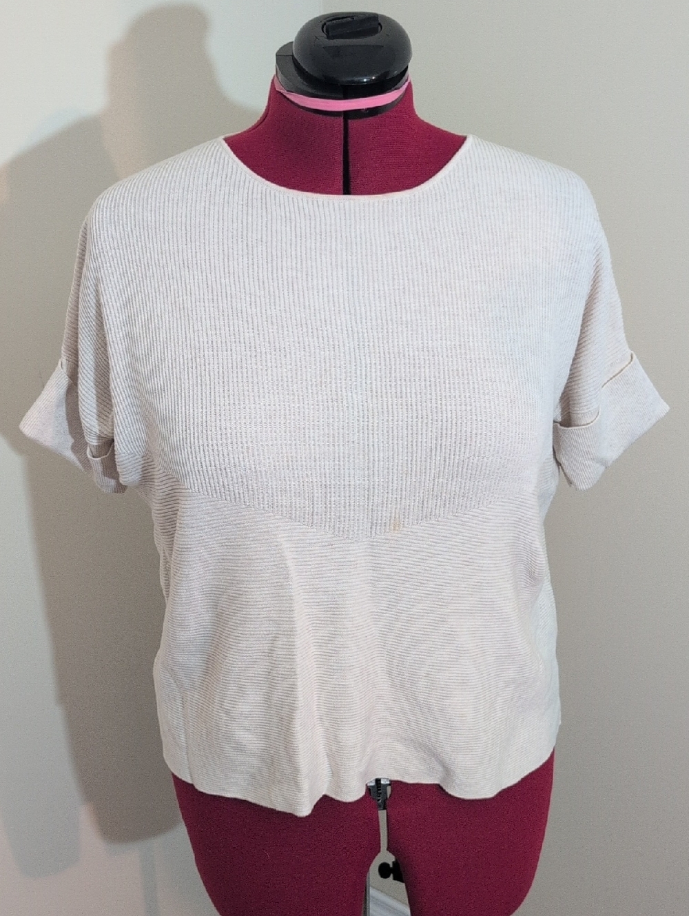 Repeat | Women's Cream Short-Sleeve Knit Top Cotton Blend